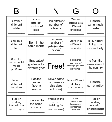 SEP Intern Picnic Bingo Card