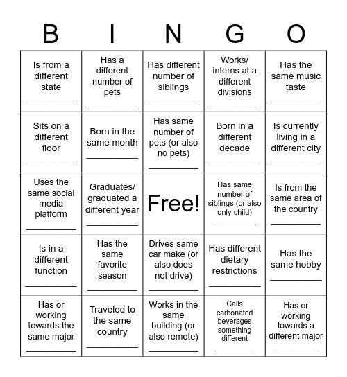 SEP Intern Picnic Bingo Card