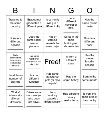SEP Intern Picnic Bingo Card