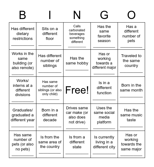 SEP Intern Picnic Bingo Card