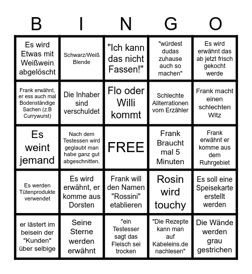 Rosins Restaurant Bingo Card