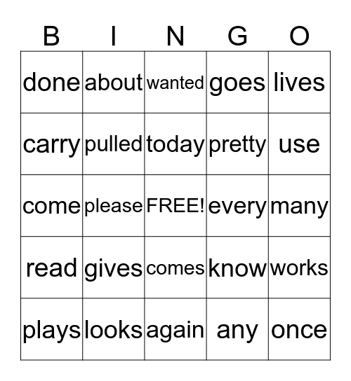 Sight Word Bingo Weeks 18-21 Bingo Card