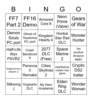 SGF 2023 Bingo Card