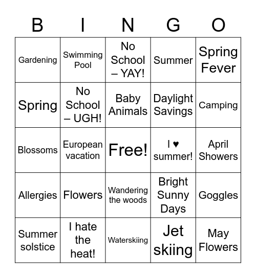 Spring and Summer Bingo Card