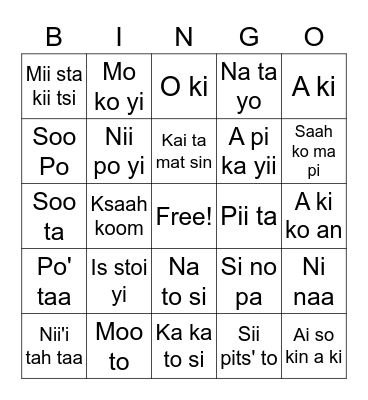 Blackfoot Language Vocab Bingo Card
