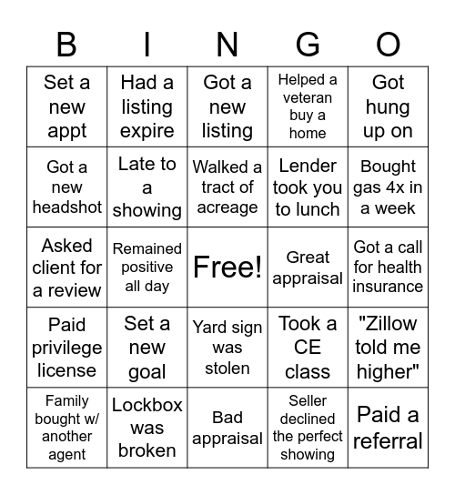 Stereotypical Real Estate Bingo Card
