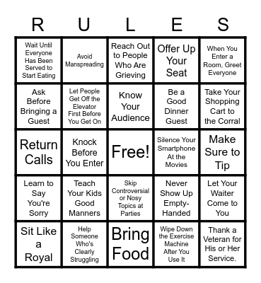 Social Etiquette Rules Bingo Card
