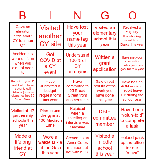 City Year New York Bingo!!! Bingo Card