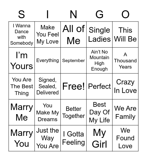 Wedding Song Singo Bingo Card