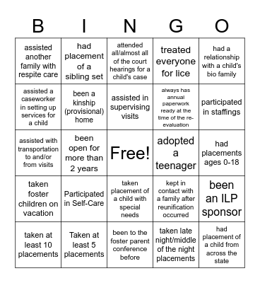 Permanency Bingo Card