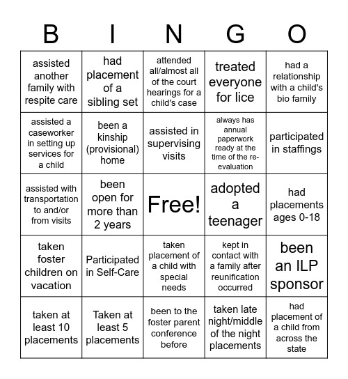 Permanency Bingo Card