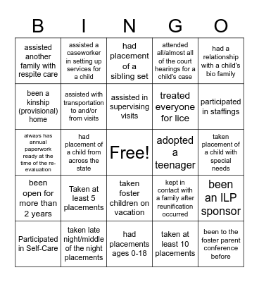 Permanency Bingo Card