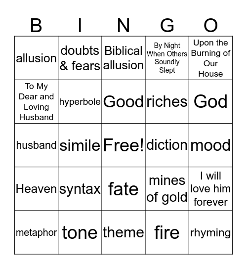 Anne Bradsteet Bingo Card