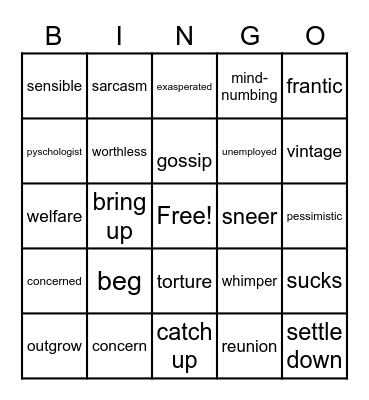 Matthew's McJob Vocabulary Bingo Card