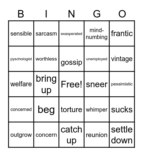 Matthew's McJob Vocabulary Bingo Card