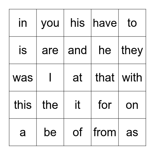 Fry 1-25 Bingo Card