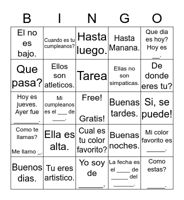 Unit 7 Spanish I REVIEW Bingo Card