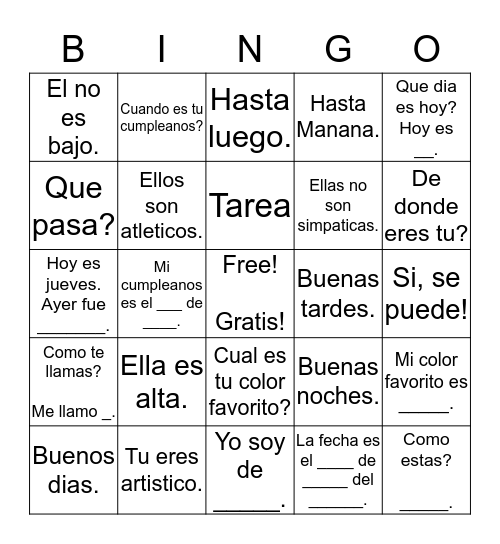 Unit 7 Spanish I REVIEW Bingo Card