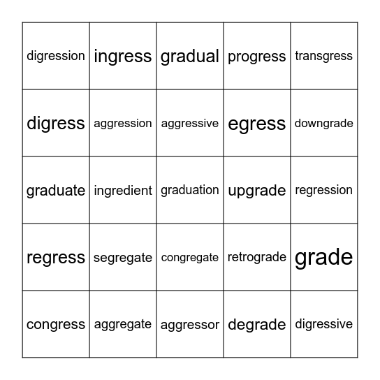 gress Bingo Card