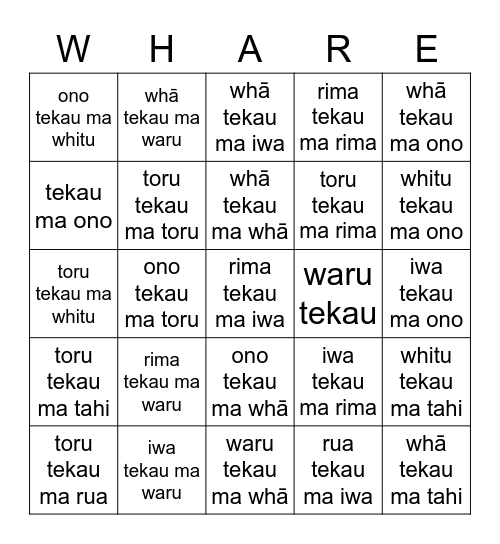 Whare Whare Bingo Card