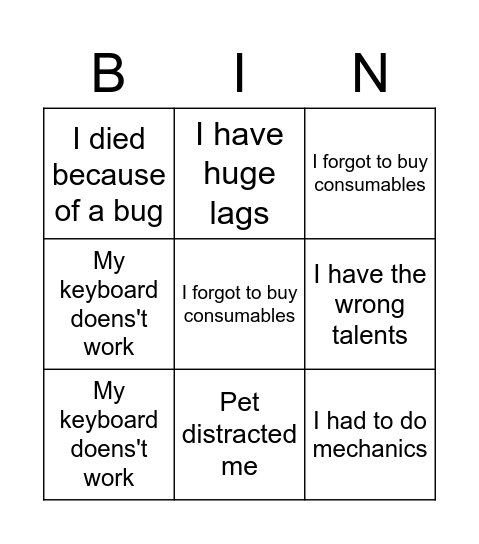 Excuses Bingo Card