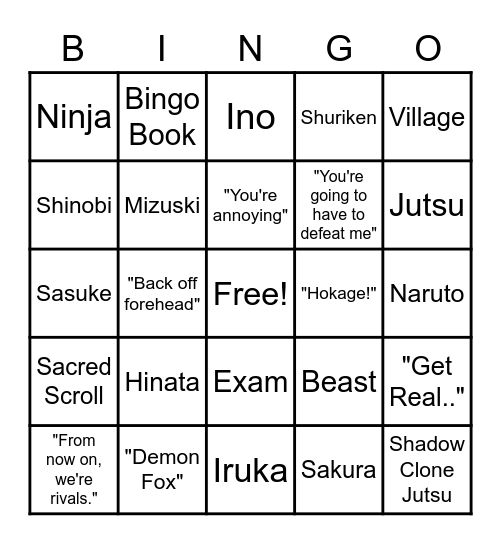 Naruto Season One Bingo Card