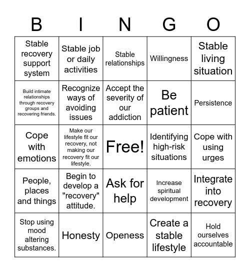 Recovery Process BINGO Card