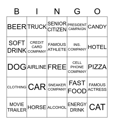 T.V. COMMERCIAL Bingo Card