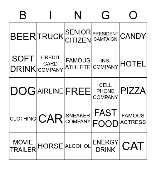 T.V. COMMERCIAL Bingo Card