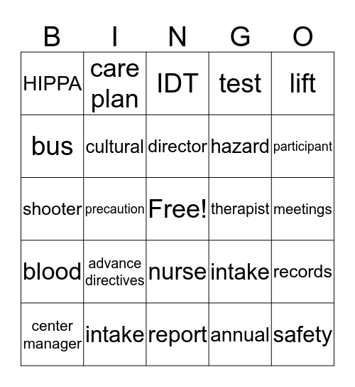 PACE TRAINING Bingo Card