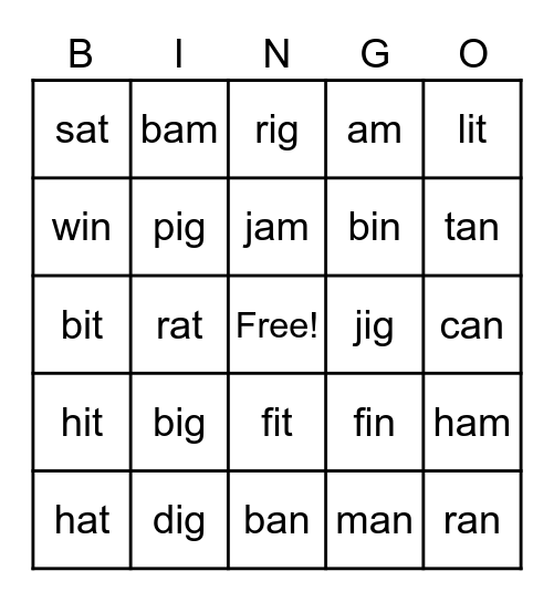 CVC Word BINGO Card