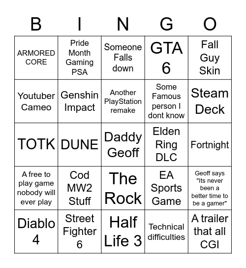 Summer game fest 2023 Bingo Card