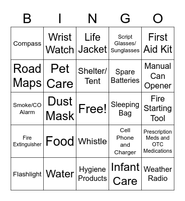 Disaster & Emergency Preparedness Bingo Card