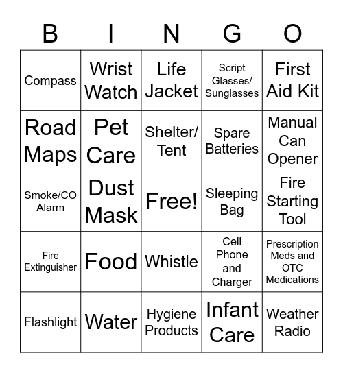 Disaster & Emergency Preparedness Bingo Card