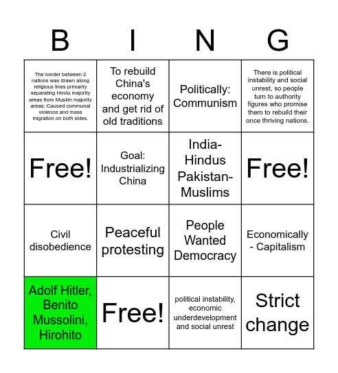 World History Review: (Q 12-19) Bingo Card