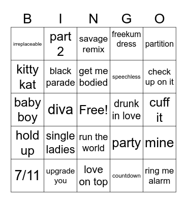 beyonce crazy Bingo Card