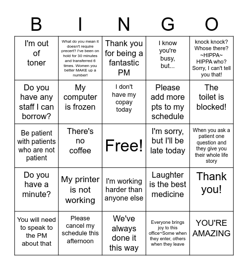 Practice Manager Bingo Card