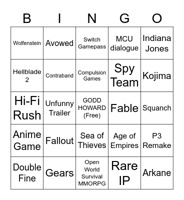 Xbox Showcase Bingo Card