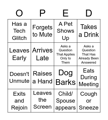 Operation Education Meeting Bingo Card