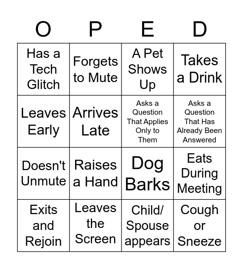 Operation Education Meeting Bingo Card