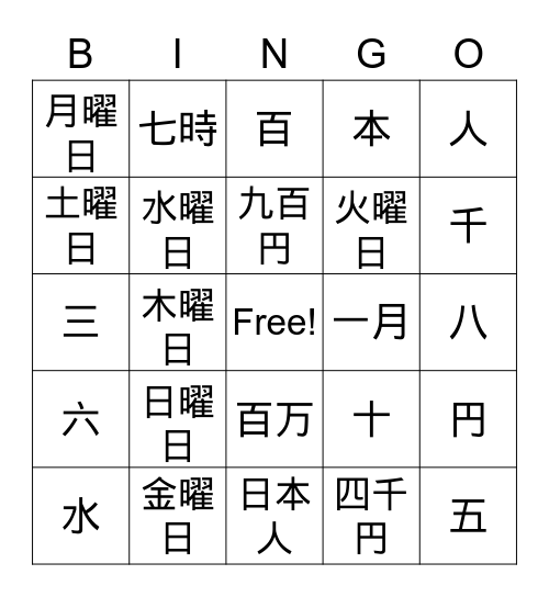 Kanji Bingo　　001-025 Bingo Card