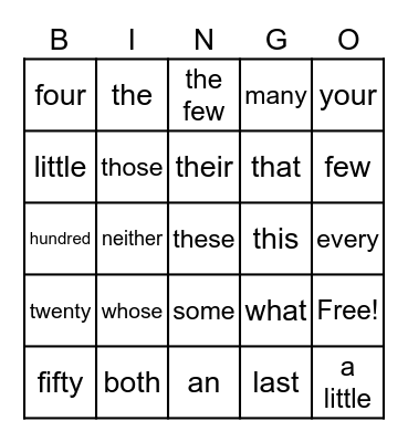 DETERMINERS Bingo Card