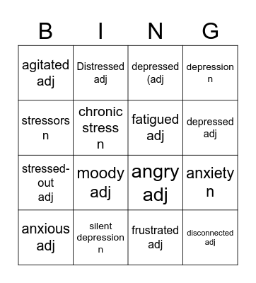 STRESS VOCAB: I am / I feel + adj    I have + noun Bingo Card