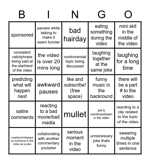 commentary video bingo Card