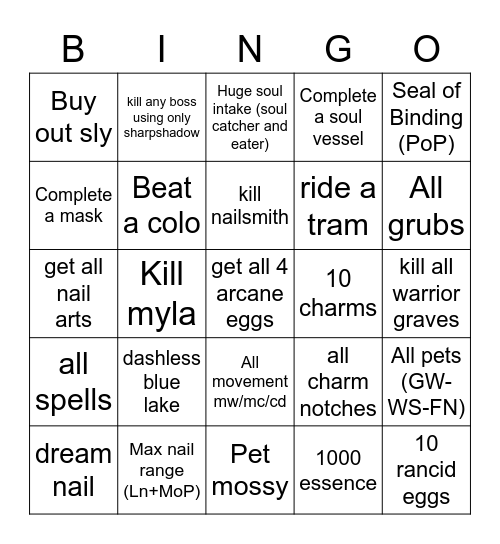 Hollow knight bingo Card