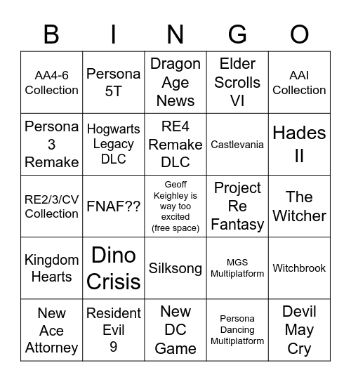 SGF/Xbox/Capcom Bingo Card
