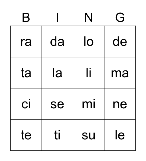 Bingo des Syllabes! Bingo Card