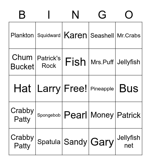 Spongebob Bingo Card