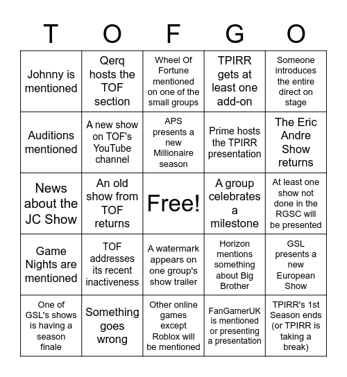 Gameshow Direct '23 Bingo Card