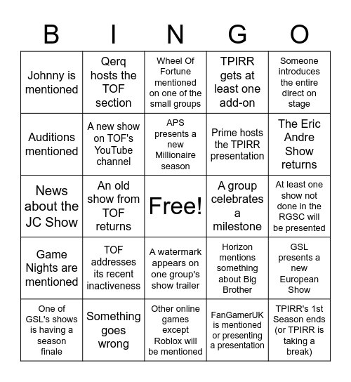 Gameshow Direct '23 Bingo Card